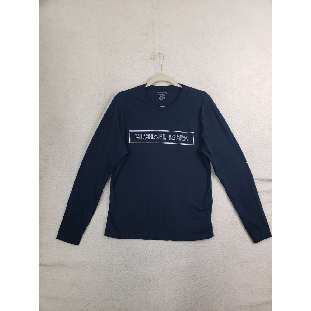 Michael Kors Men Shirt Medium Navy Logo Cotton Blend Long Sleeve Casual Shirt